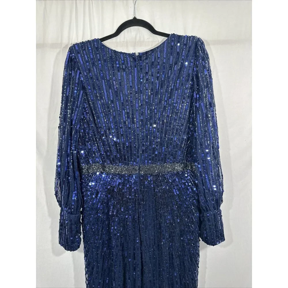 NWT $598 Mac Duggal [ 12 ]‎ 5501 Sequined Wrap Over Bishop Sleeve Gown Blue - Picture 15 of 16